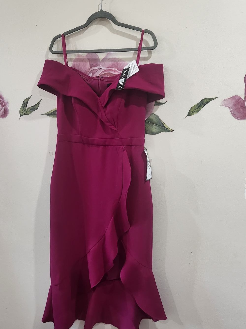 Xscape Off-Shoulder Ruffle Midi Dress in Magenta
